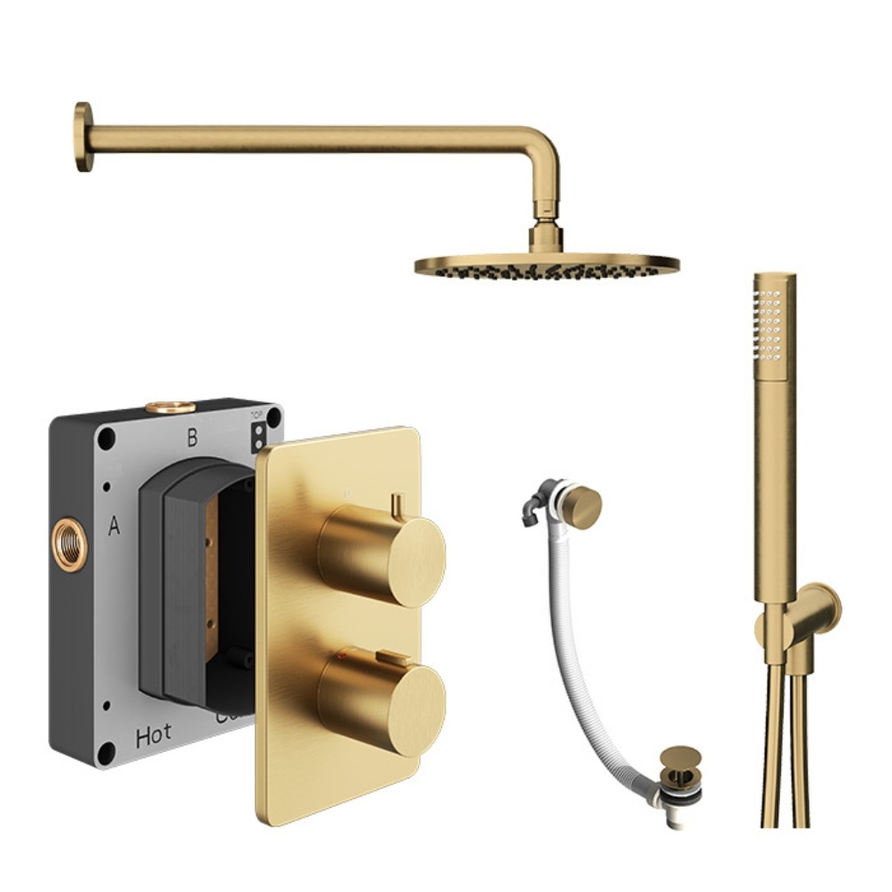 Image cut out of the Abacus Iso Brushed Brass 3 Outlet Shower Pack with Bath Filler & Handset